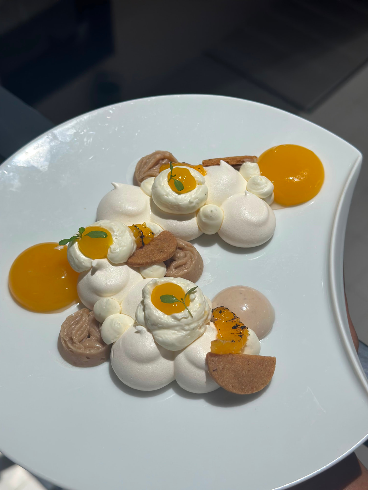 Meringues, coulis d'agrumes et ganache chocolat