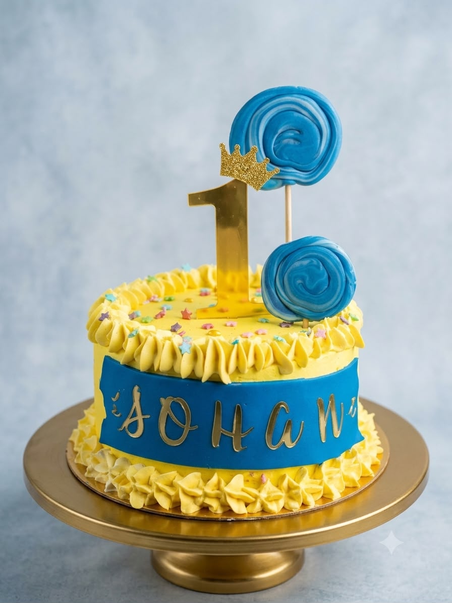 Gâteau d'anniversaire jaune et bleu, sucettes marbrées